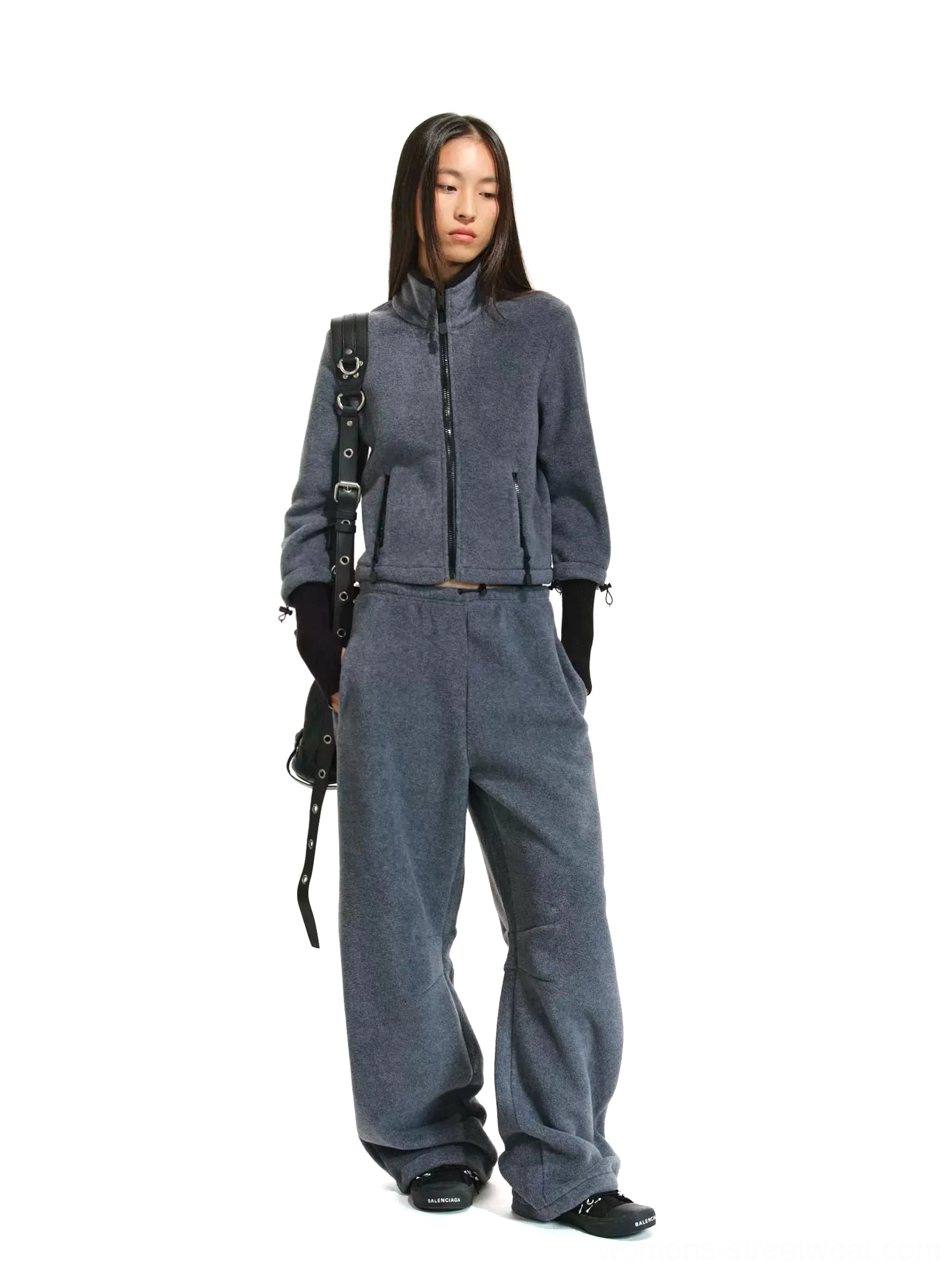 Heather gray cropped fleece zip jacket and curved-leg pants with stand collar and relaxed fit