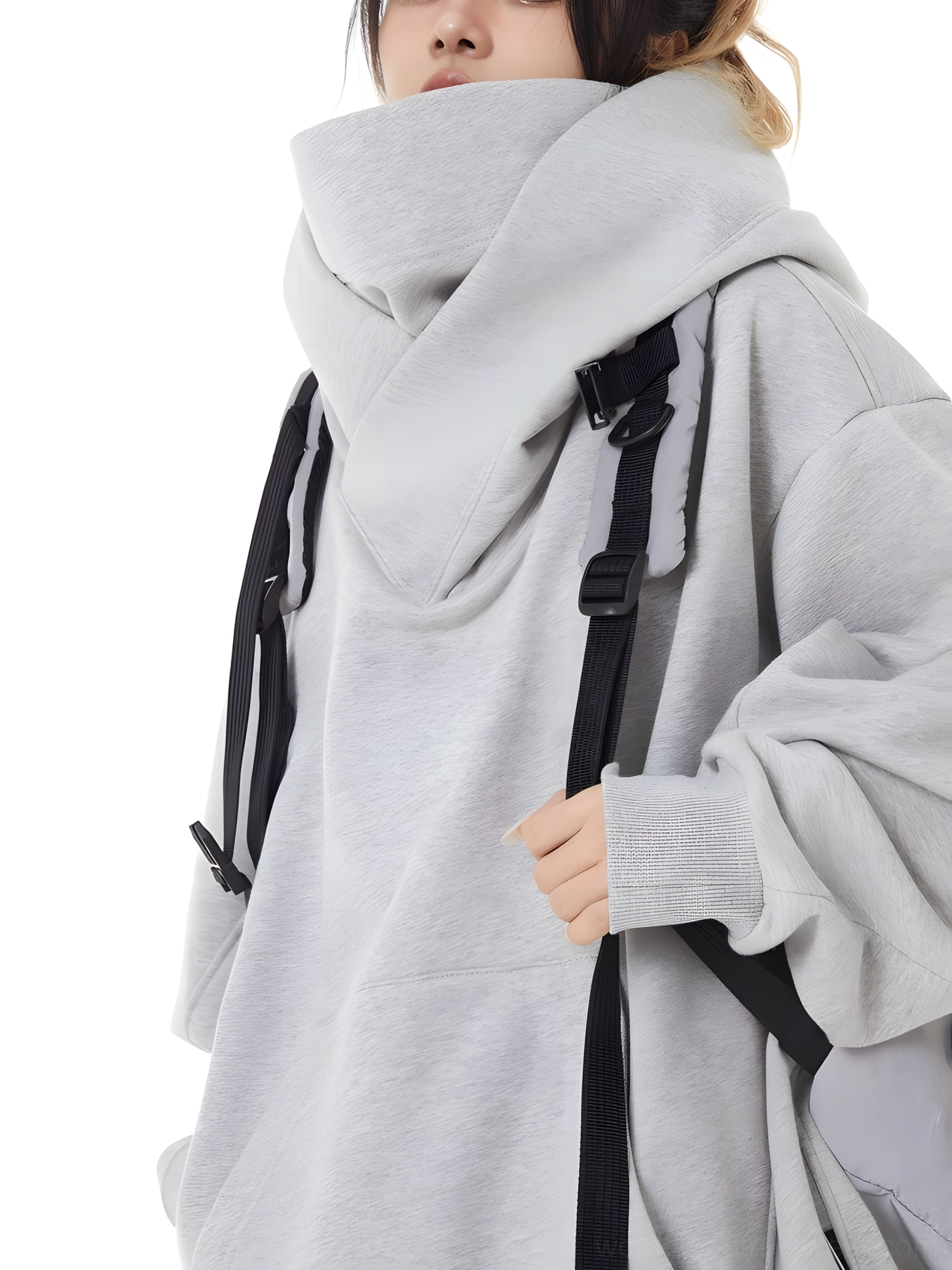 High-neck hooded sweatshirt for women with loose fit, sculptural hood, and contemporary Korean-inspired streetwear aesthetic