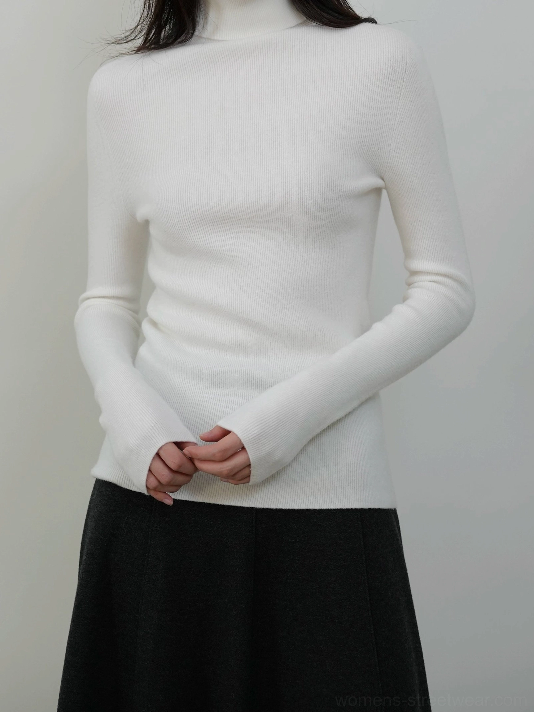 High neck ribbed knit sweater for women with a fitted silhouette inspired by Seoul minimalist fashion