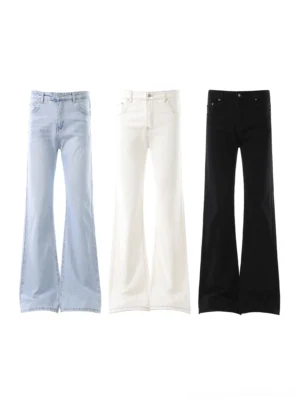 Women's high rise flare jeans in light blue off-white and black color options flat lay streetwear denim display