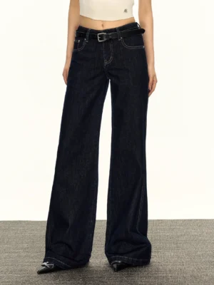 Front close-up of women's high-rise wide-leg jeans in dark indigo denim with contrast stitching, structured waistband, belt loops, and classic streetwear styling