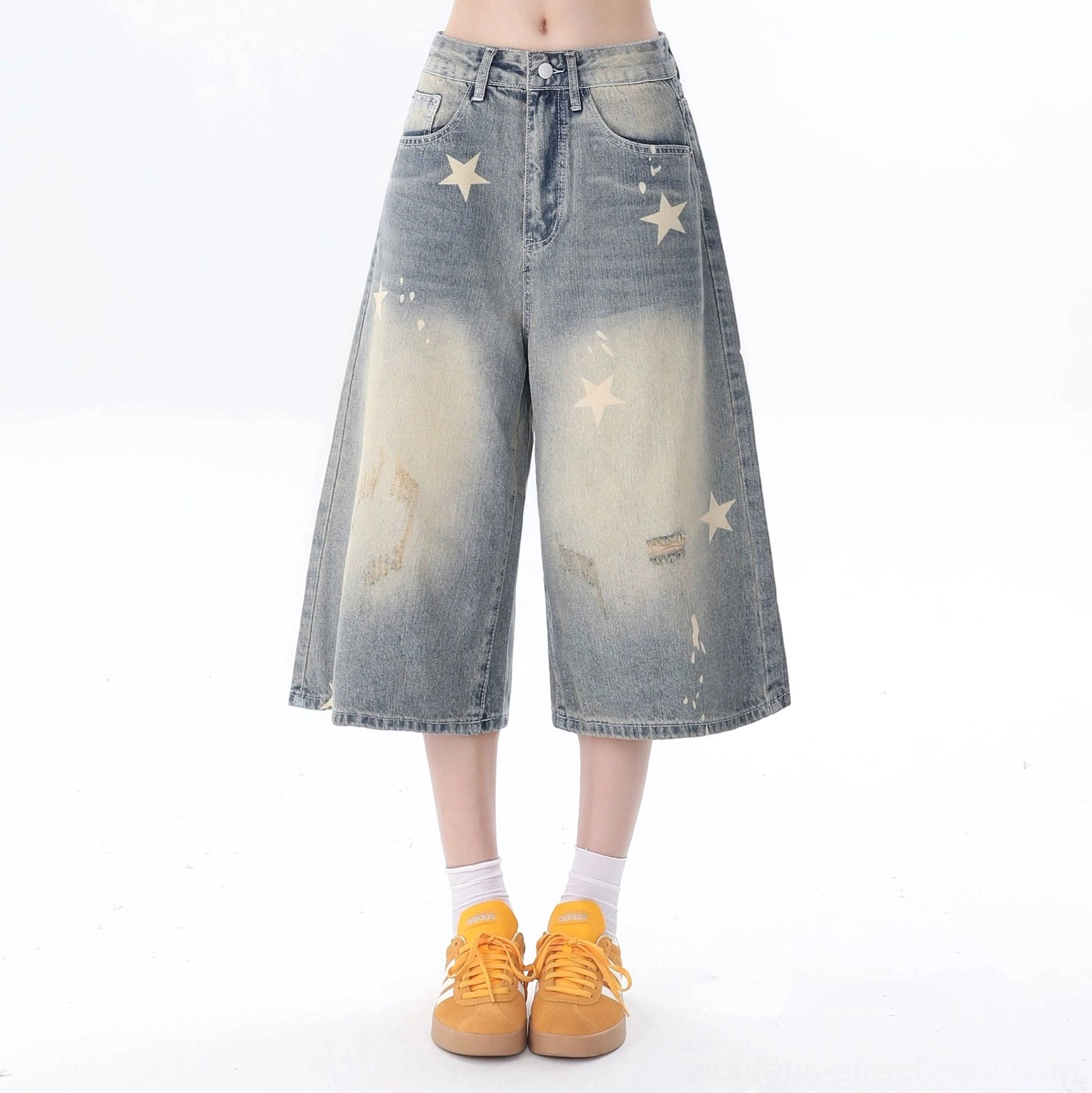 Women's high waist faded blue star print wide leg cropped denim jeans front product view