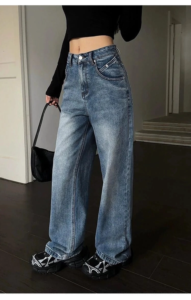 Women's high-waist loose wide-leg denim pants in versatile washed blue streetwear styling