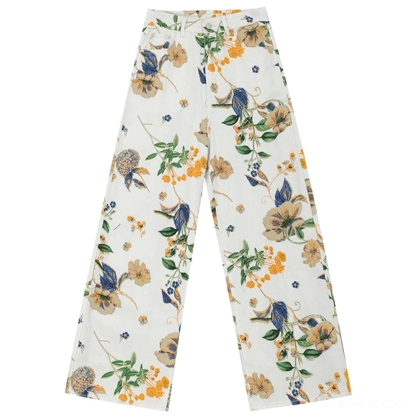Women's high-waisted floral wide-leg jeans with distressed accents for modern streetwear outfits