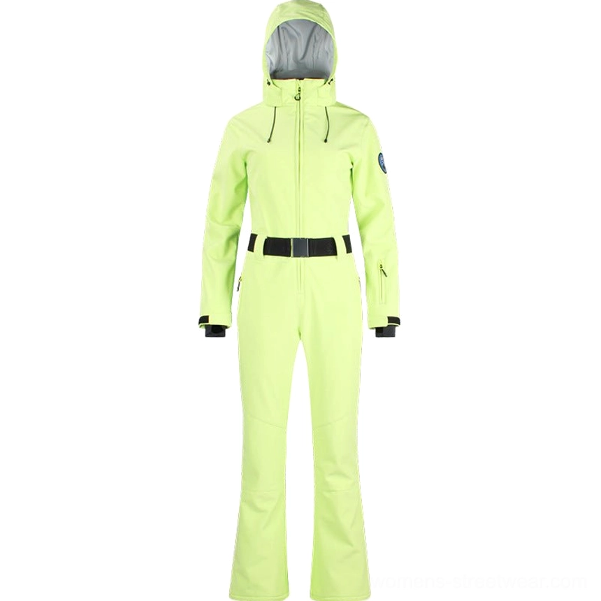 Women's hooded flared ski jumpsuit with front zipper waist belt and snow gaiter construction