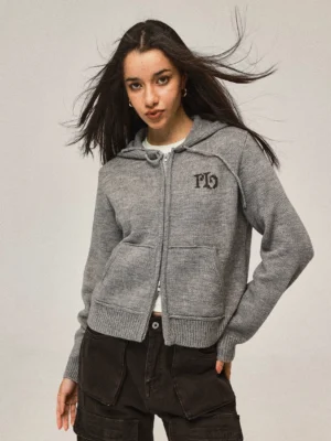 Heather grey women's hooded zip-up knit cardigan with front patch pockets and ribbed trim front full-body streetwear outfit
