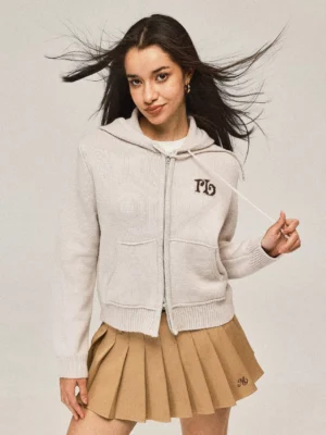 Off-white women's hooded zip-up knit cardigan with embroidered chest monogram, patch pockets and drawstring hood front full-body view