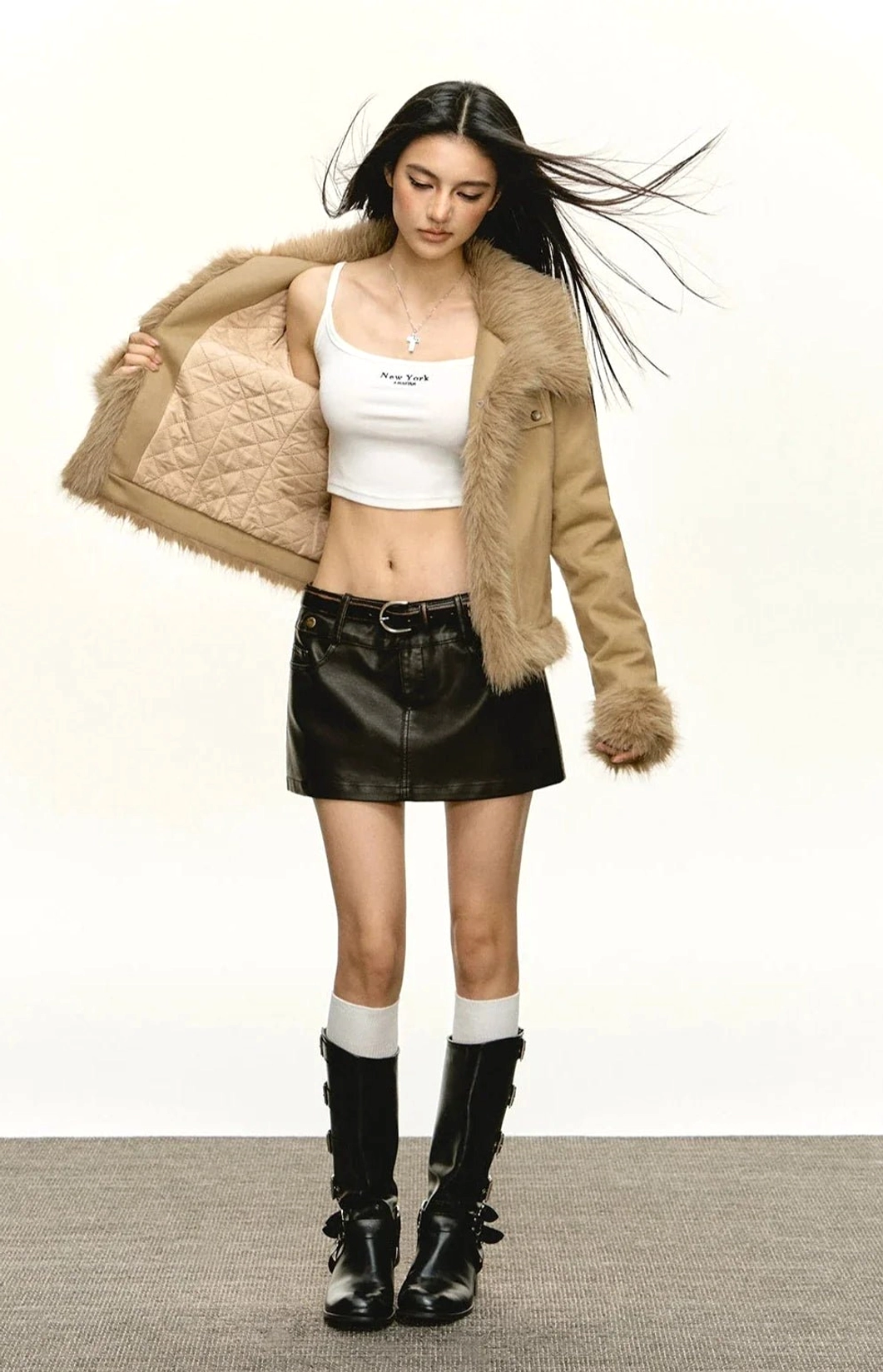Women's khaki faux fur trim cropped jacket styled as a Seoul inspired Y2K outerwear layer