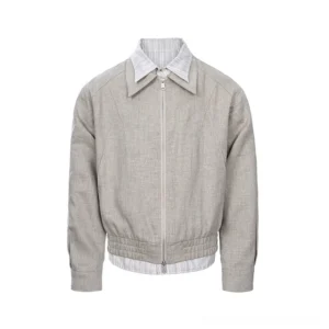 Front view of a women's khaki linen blend cropped zip jacket with striped layered collar and hem, relaxed Seoul streetwear silhouette