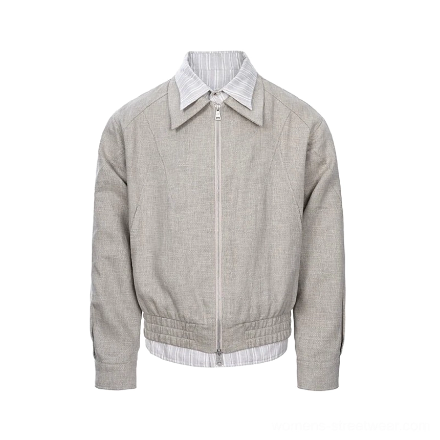 Front view of a women's khaki linen blend cropped zip jacket with striped layered collar and hem, relaxed Seoul streetwear silhouette