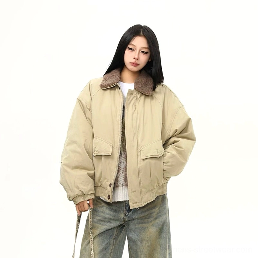 Women's khaki bomber jacket with brown sherpa collar, front fastening, ribbed cuffs, and neutral cotton-blend streetwear styling