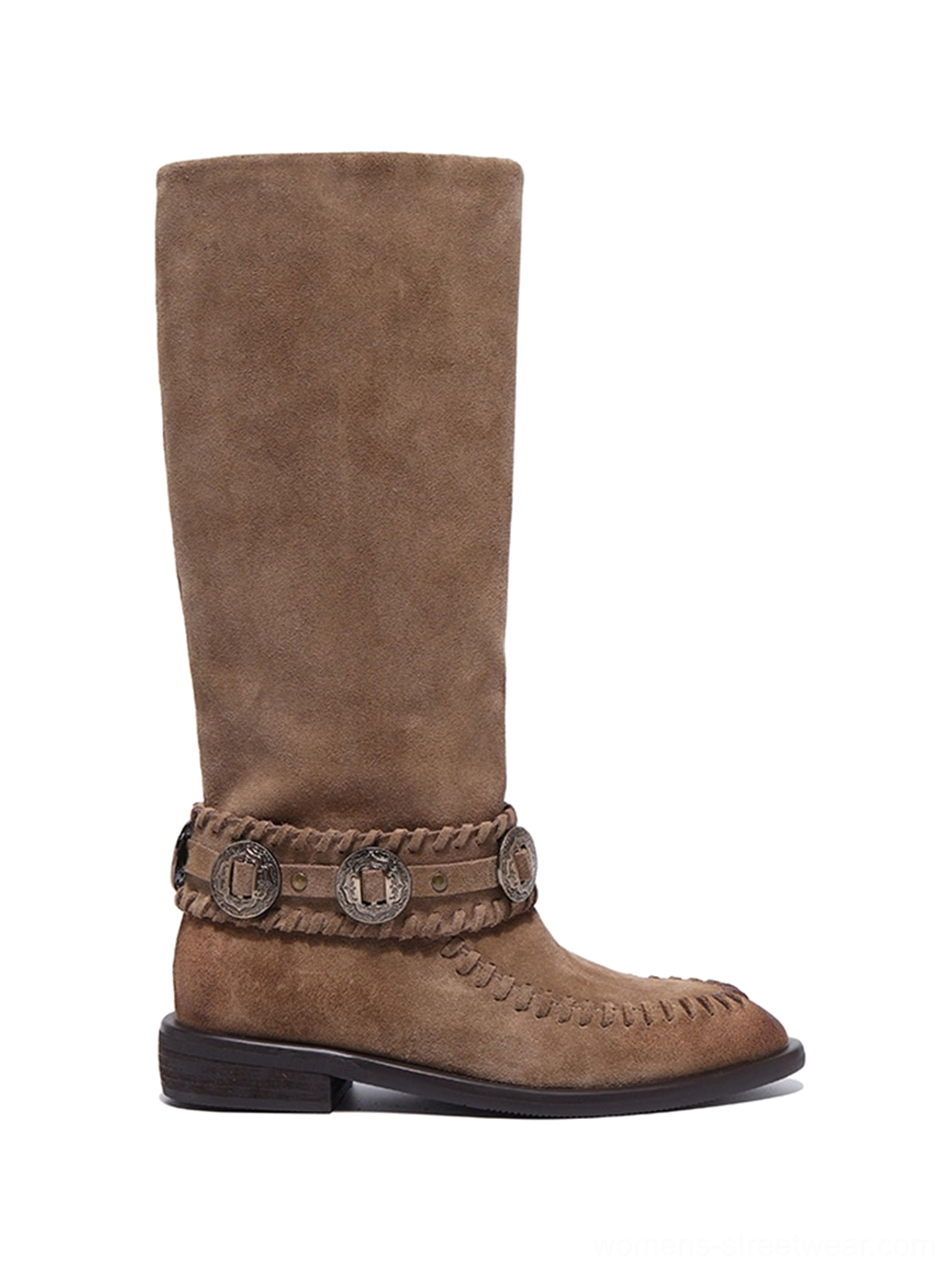 Taupe khaki suede-textured western knee-high riding boot with decorative metal buckle, moc-toe stitching, and low block heel