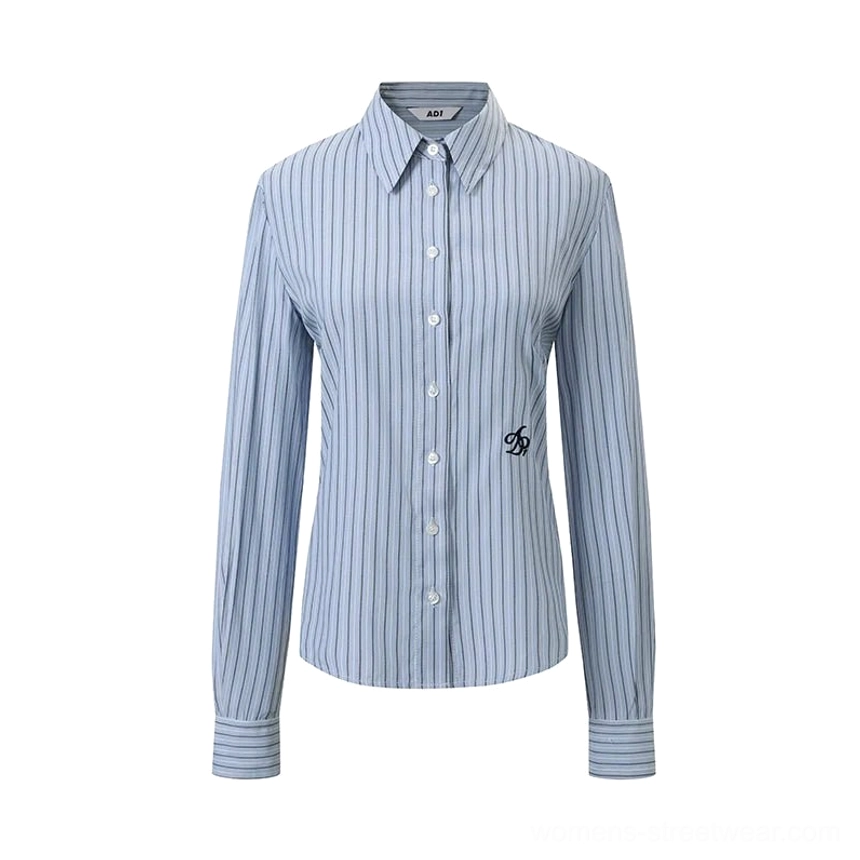 Women's Korean preppy button down shirt in white or blue stripe with pointed collar and long sleeves