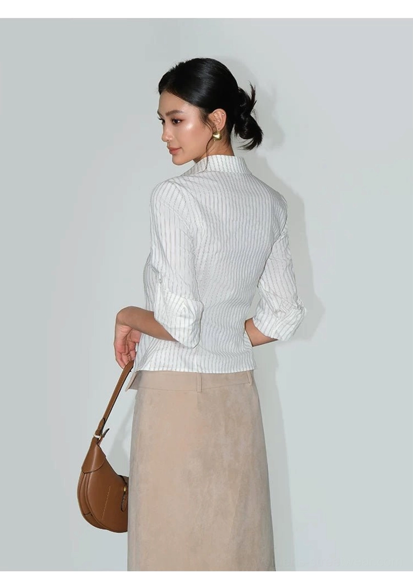 Women's Korean streetwear fitted pinstripe tailored shirt product detail view with classic collar and button-front design