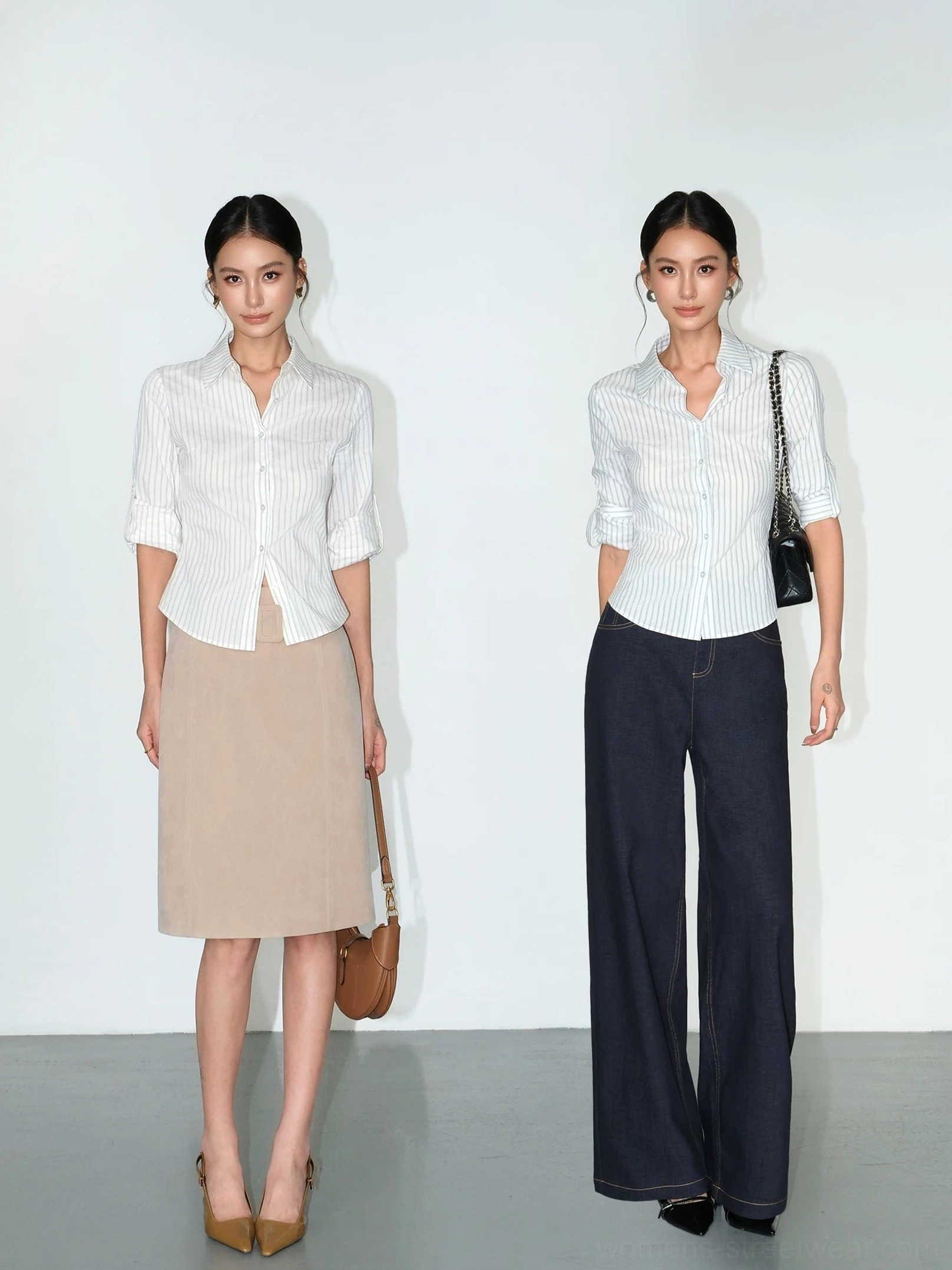 Women's fitted pinstripe tailored shirt shown in two full-body front views with rolled and full-length sleeves styled with a midi skirt and wide-leg denim