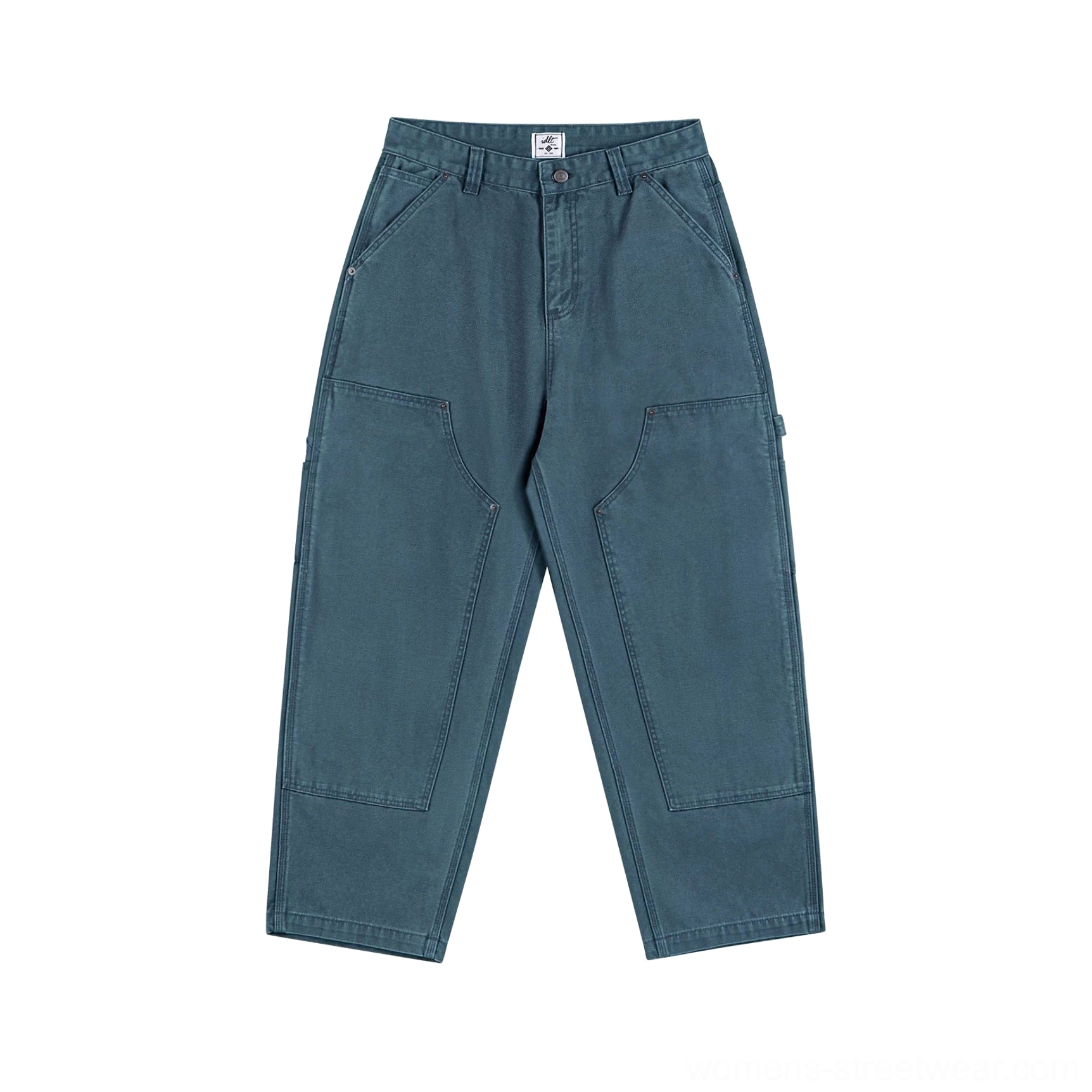 Women's lake blue carpenter denim pants with relaxed utility fit and modern Korean streetwear styling
