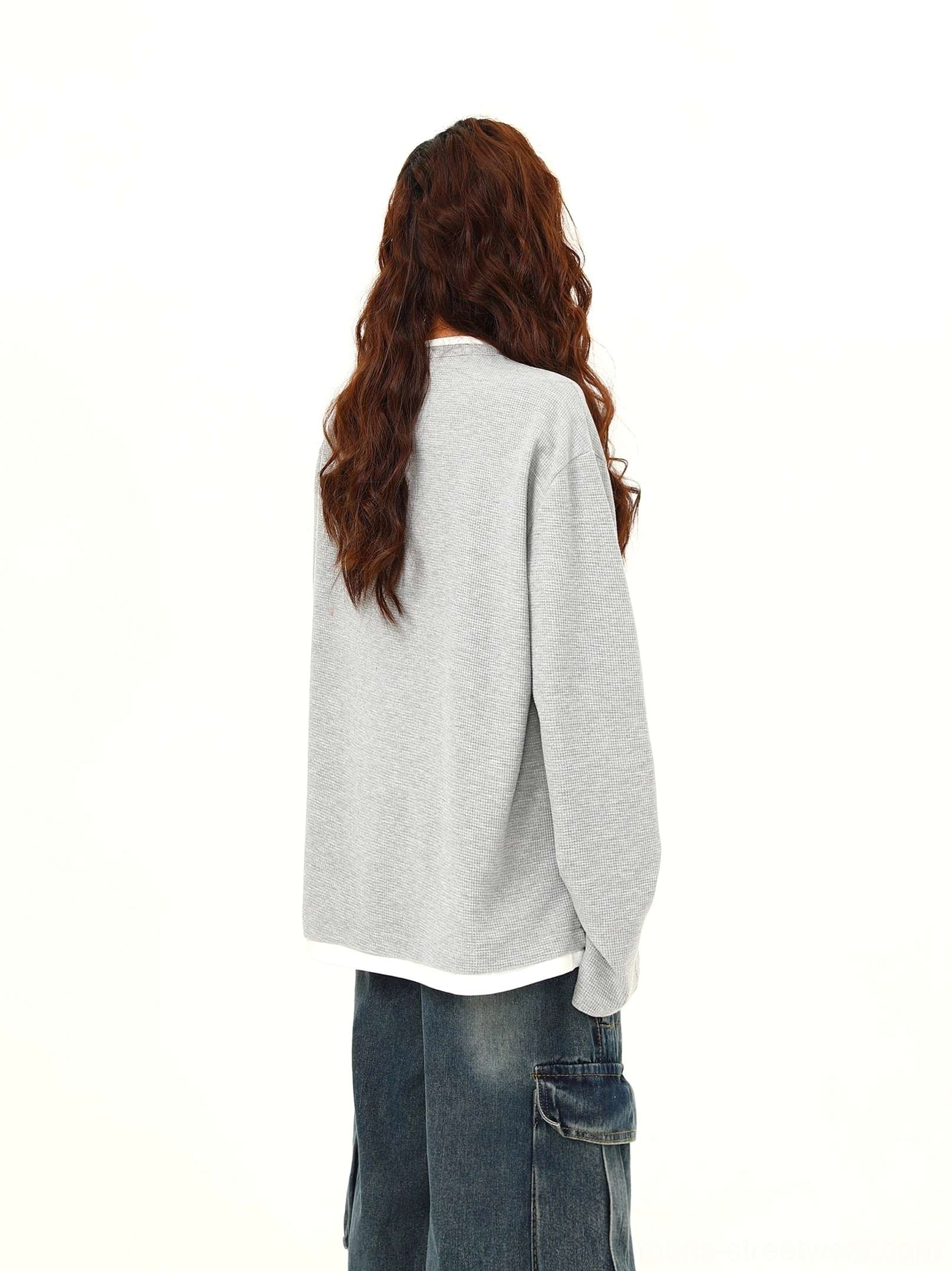 Women's layered hem waffle knit Henley oversized streetwear pullover relaxed fit product image