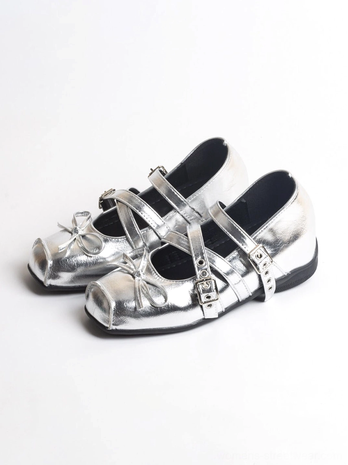 Women's leather square-toe Mary Jane flats featuring ruched vamp, bow accent, and adjustable buckle straps