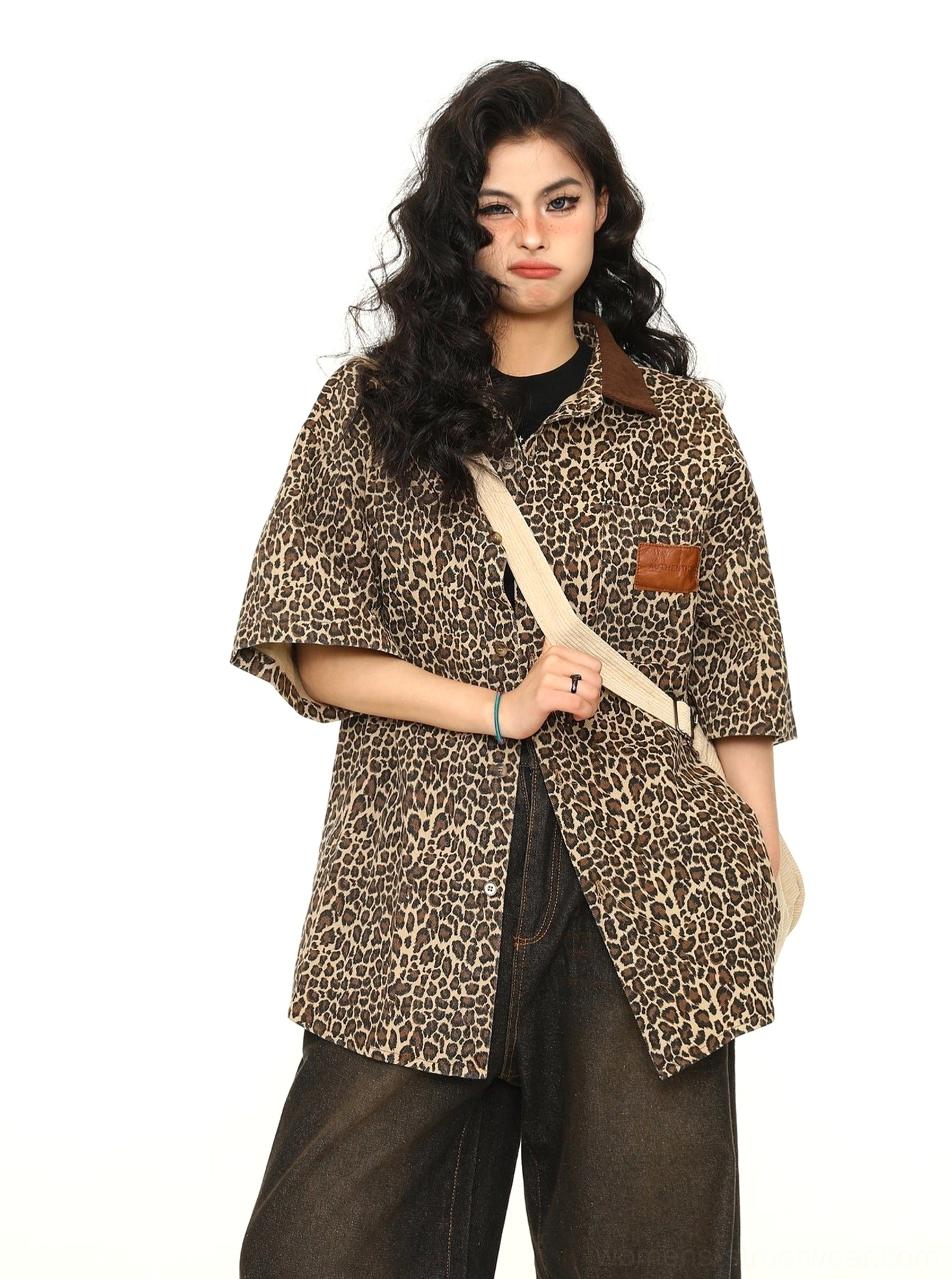 Women's leopard print oversized workwear shirt with brown collar leather-look chest pocket patch and beige crossbody bag styling