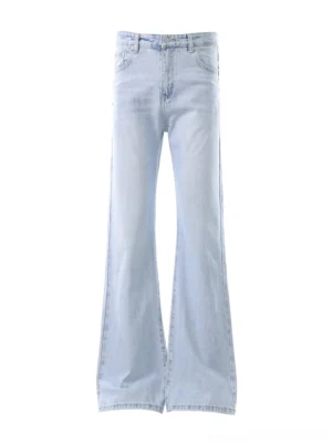 Light blue high rise flare jeans front flat lay with washed denim finish and full length Y2K streetwear silhouette