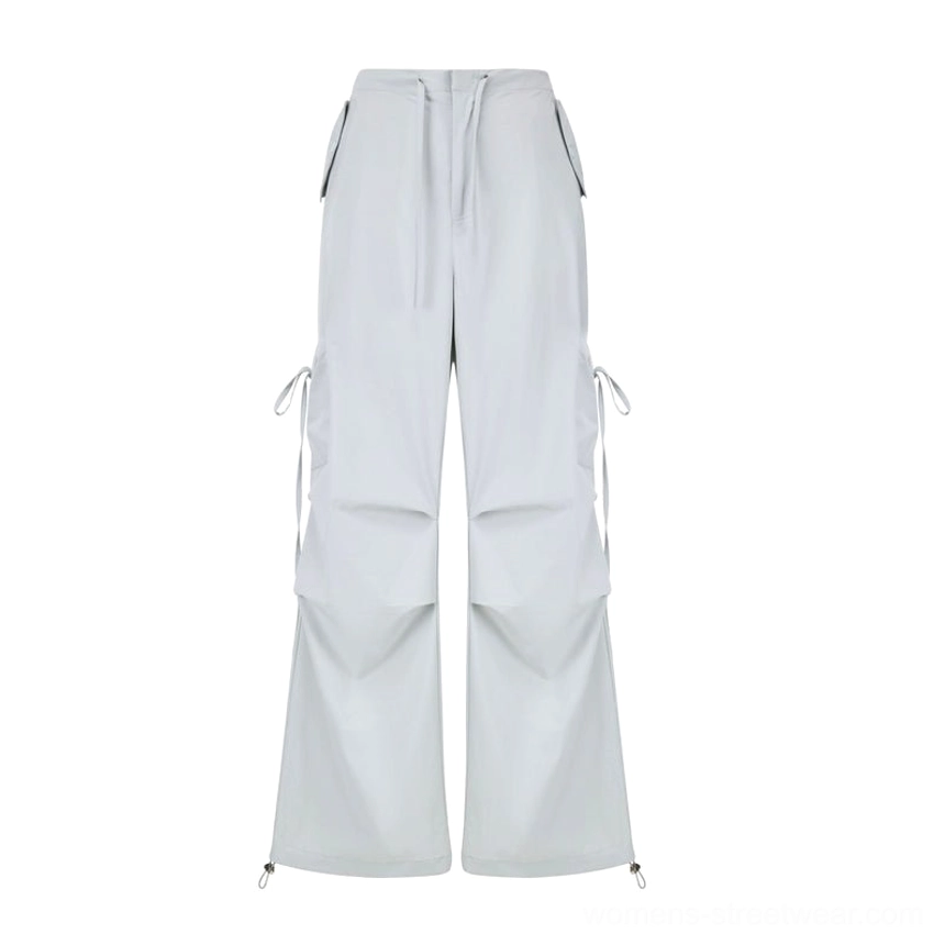 Women's light gray side-tie wide-leg cargo pants relaxed Korean streetwear silhouette product view