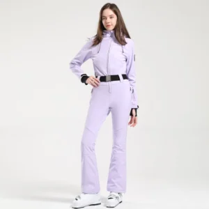 Women's light purple belted flared one-piece ski jumpsuit front view with black waist belt