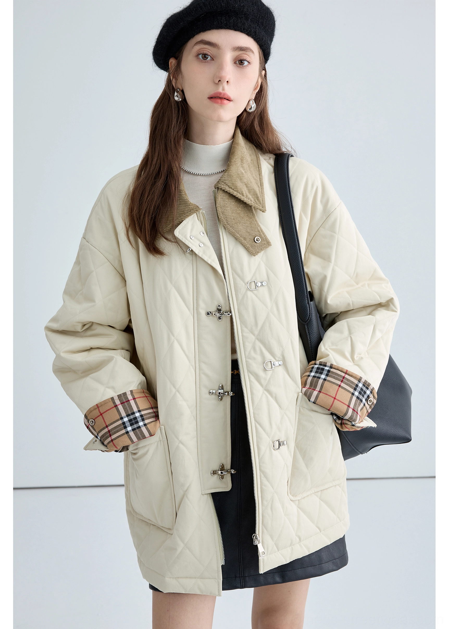 Women's long beige quilted cotton jacket with metal buckles for Korean-inspired autumn and winter streetwear layering