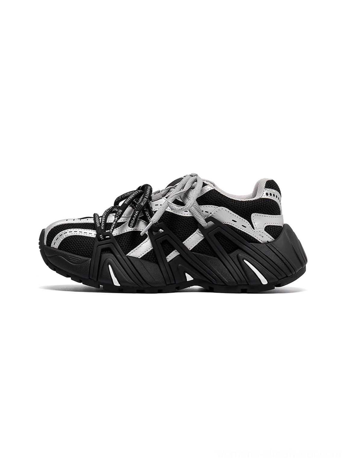 All black women's mesh cage runner sneakers with matte black synthetic overlays rope laces and retro runner sole side view