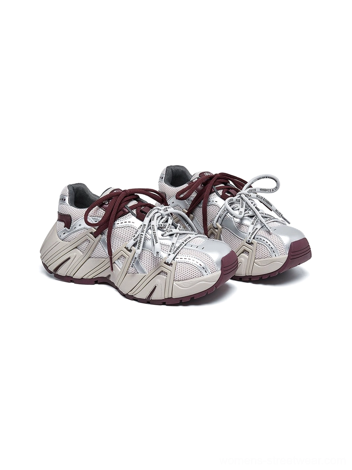 Rear side view of women's beige mesh cage runner sneakers showing heel counter synthetic cage panels and mesh construction