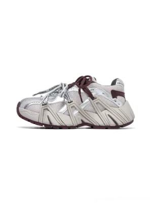 Beige women's mesh cage runner sneakers with silver overlays burgundy rope laces and segmented retro runner sole front side view