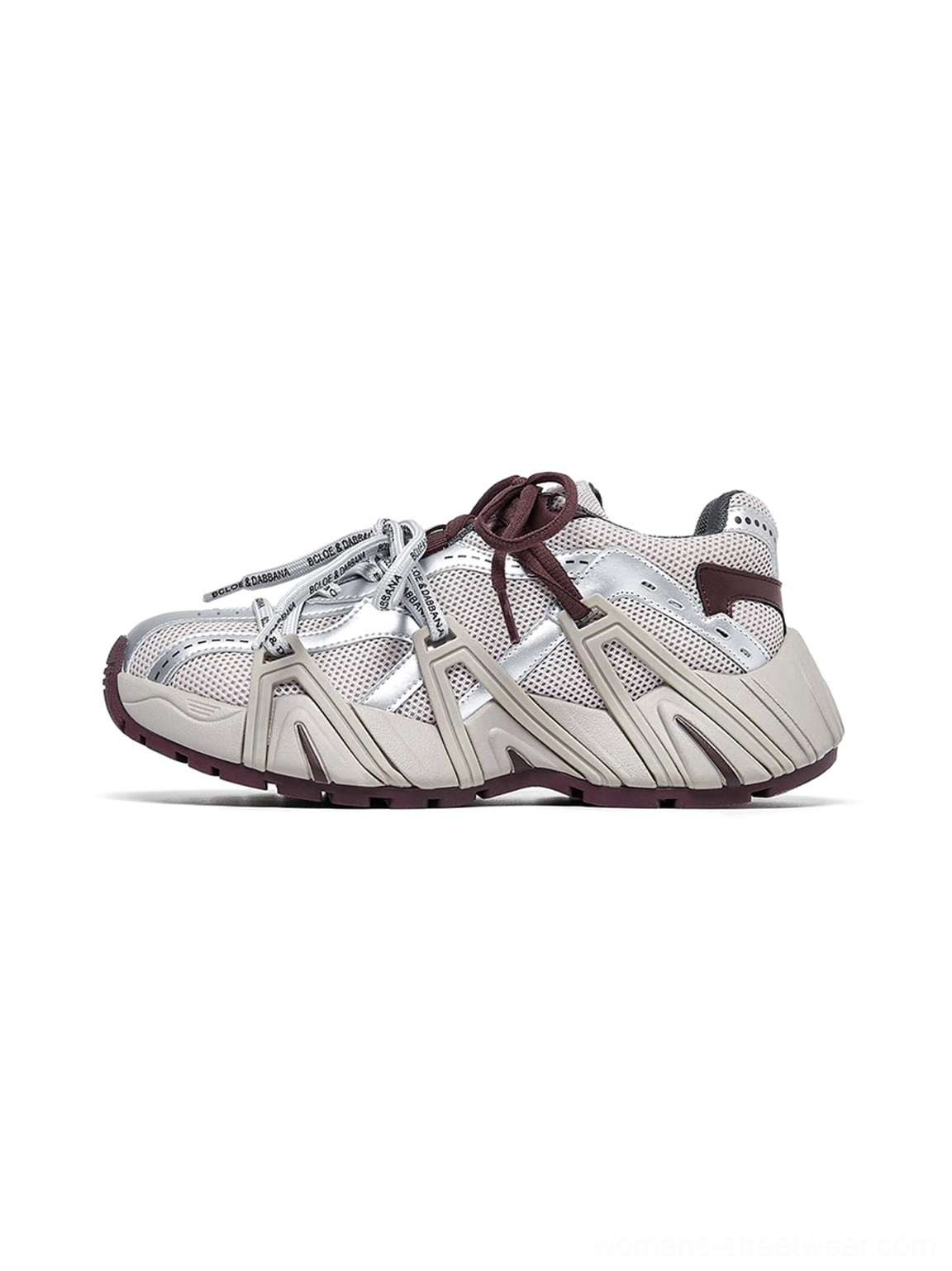 Beige women's mesh cage runner sneakers with silver overlays burgundy rope laces and segmented retro runner sole front side view
