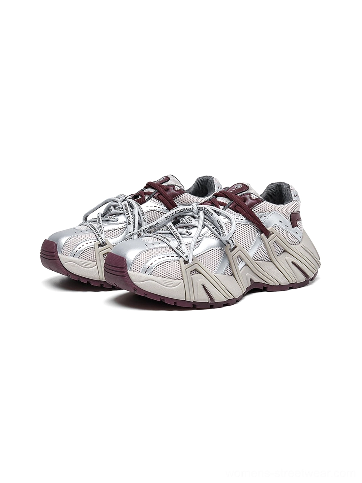 Pair of beige silver and burgundy women's mesh cage runner sneakers with breathable ventilation panels front view