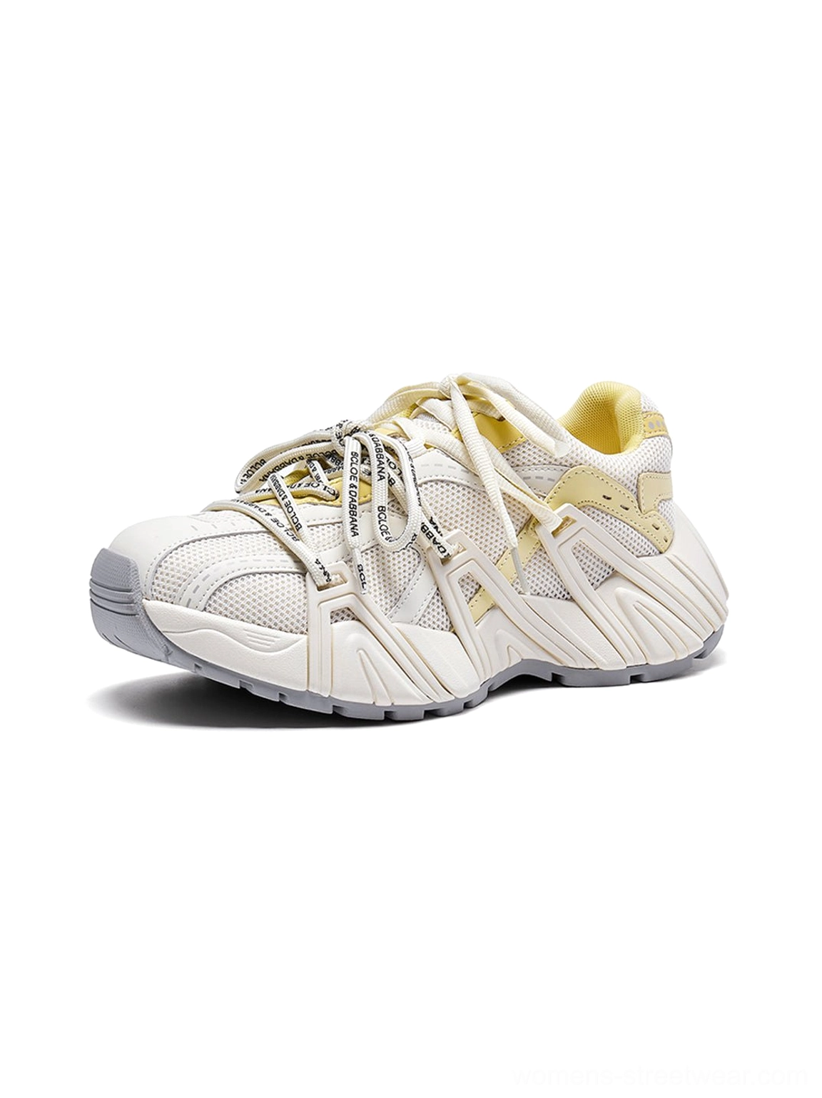 Women's mesh cage runner sneakers detailed product view with rope lacing cage overlays and runner sole