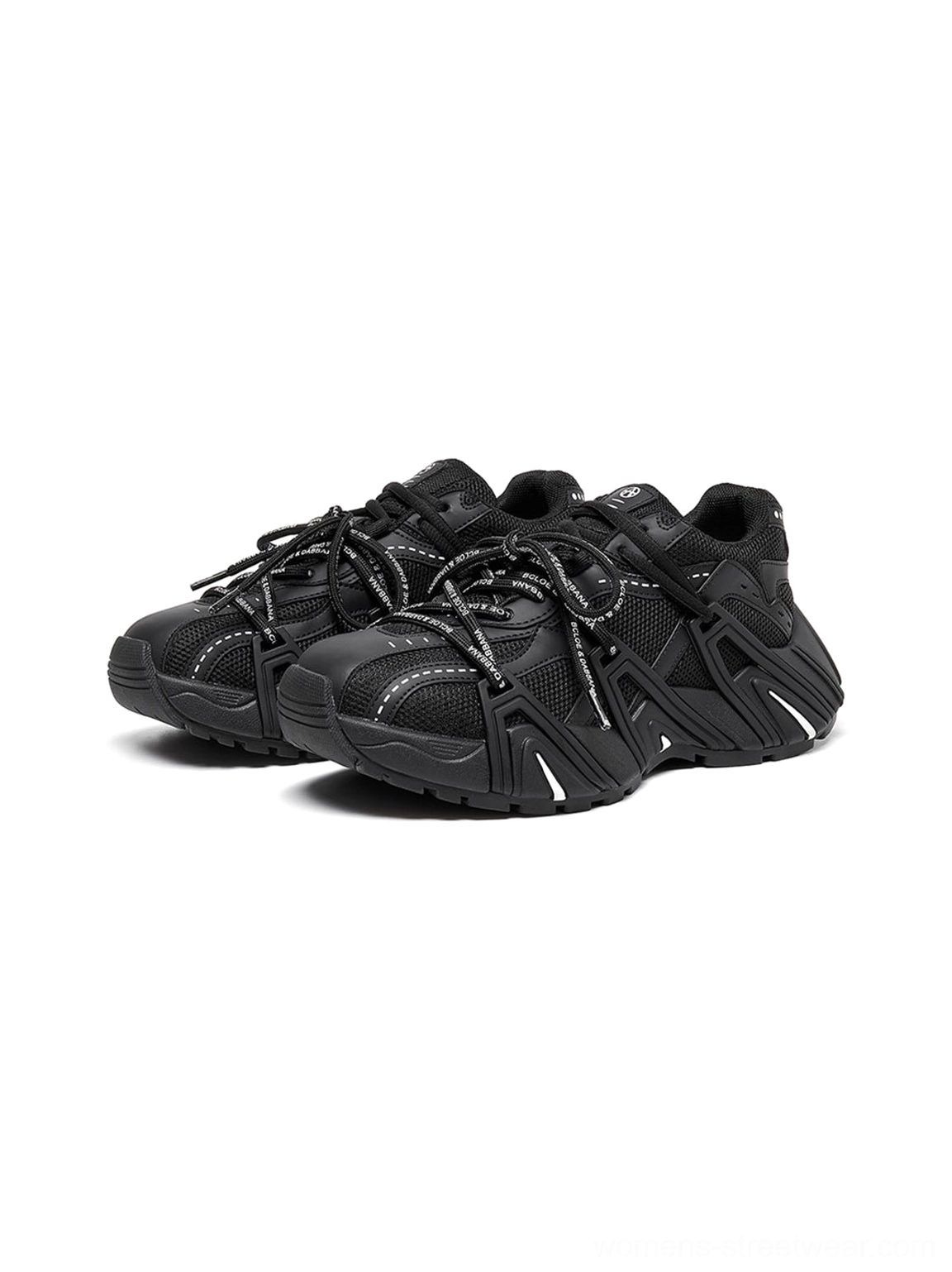Women's mesh cage runner sneakers detailed side view with rope laces layered upper and segmented outsole