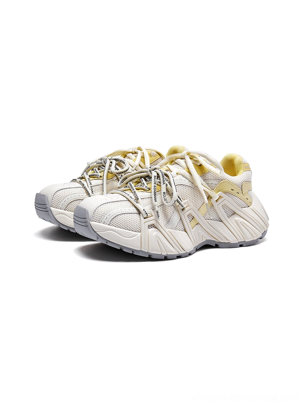 Women's mesh cage runner sneakers close-up highlighting the structured heel and layered streetwear design