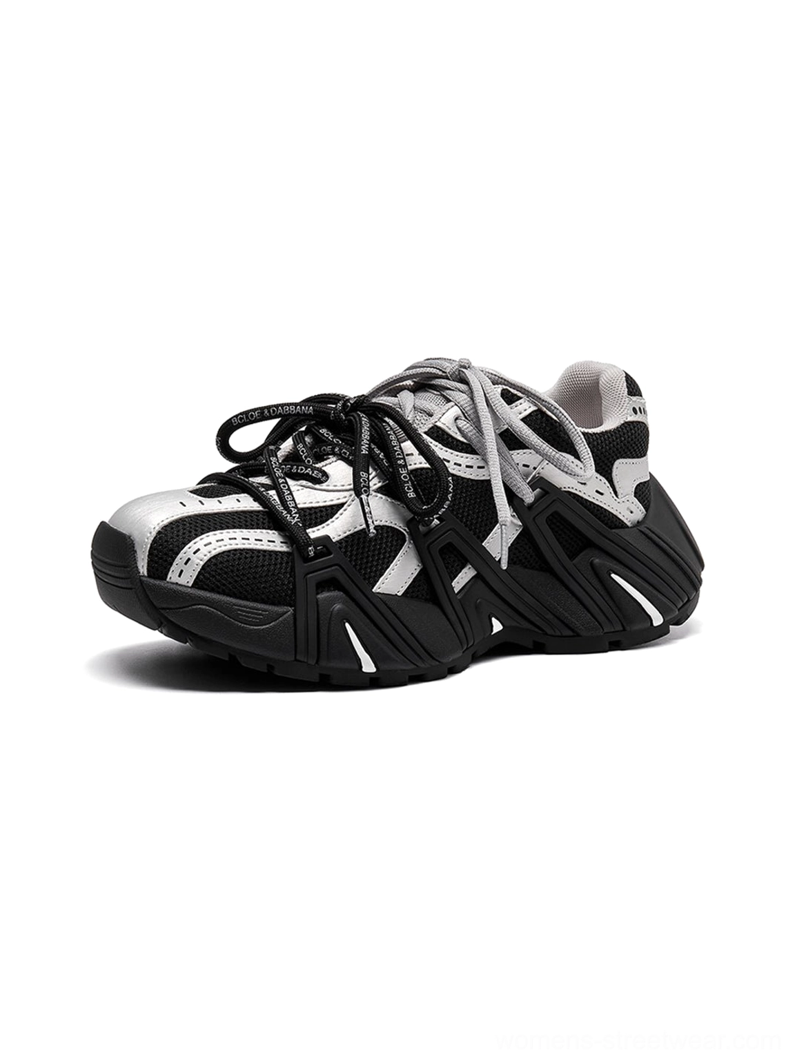 Women's mesh cage runner sneakers close-up of technical synthetic overlays and breathable mesh fabric texture