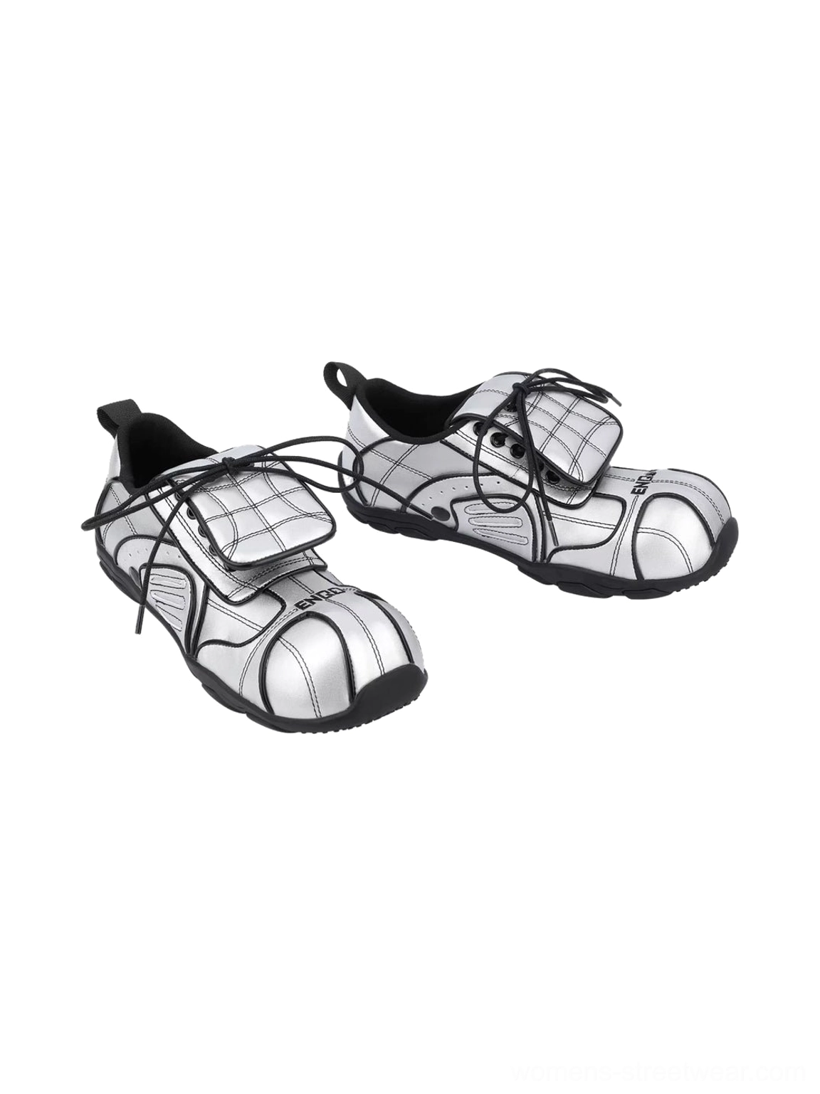 Metallic silver quilted foldover-tongue women's streetwear sneakers presented in a detailed product view with black contrast accents