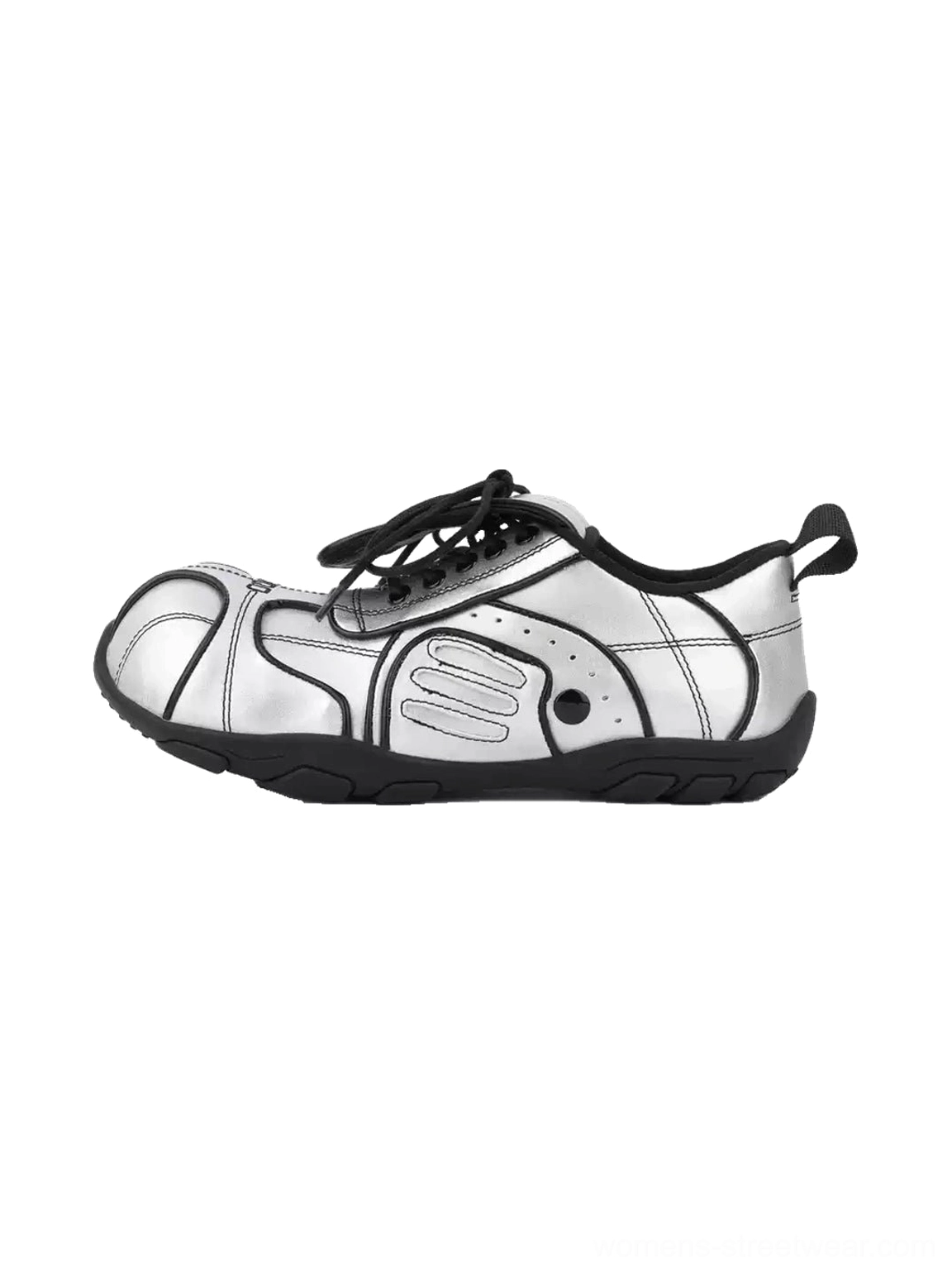 Women's metallic silver quilted foldover-tongue low-top streetwear sneaker shown from the left side with black laces, black trim, and rear pull tab