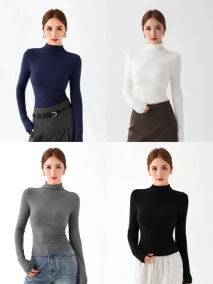 Women's slim fit mock neck knit top collection in black royal blue heather gray and white with long sleeves