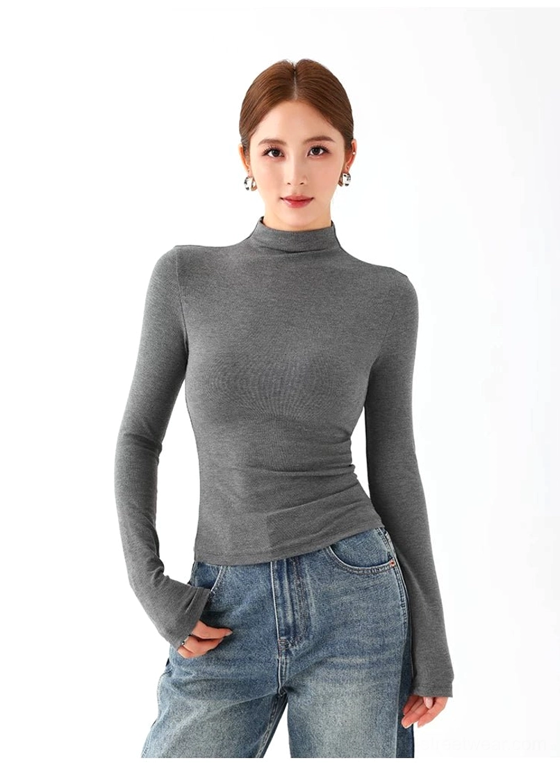 Women's mock neck knit top slim fit long sleeve streetwear fashion detail view