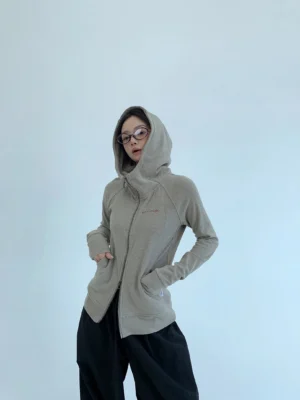 Women's Apricot Coffee Korean streetwear zip-up hoodie full front view with hood and side pockets