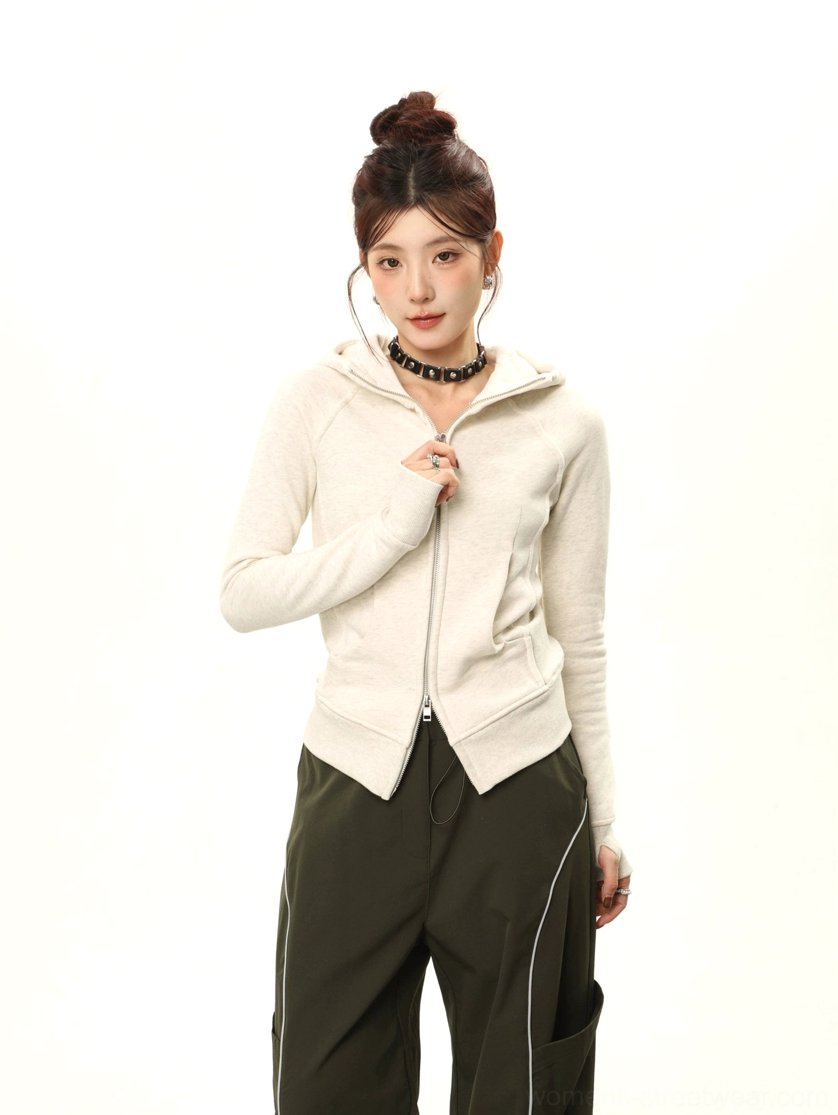 Front half-body view of a women's oatmeal gray-beige double-zip hooded cardigan sweatshirt with attached hood and fitted shape