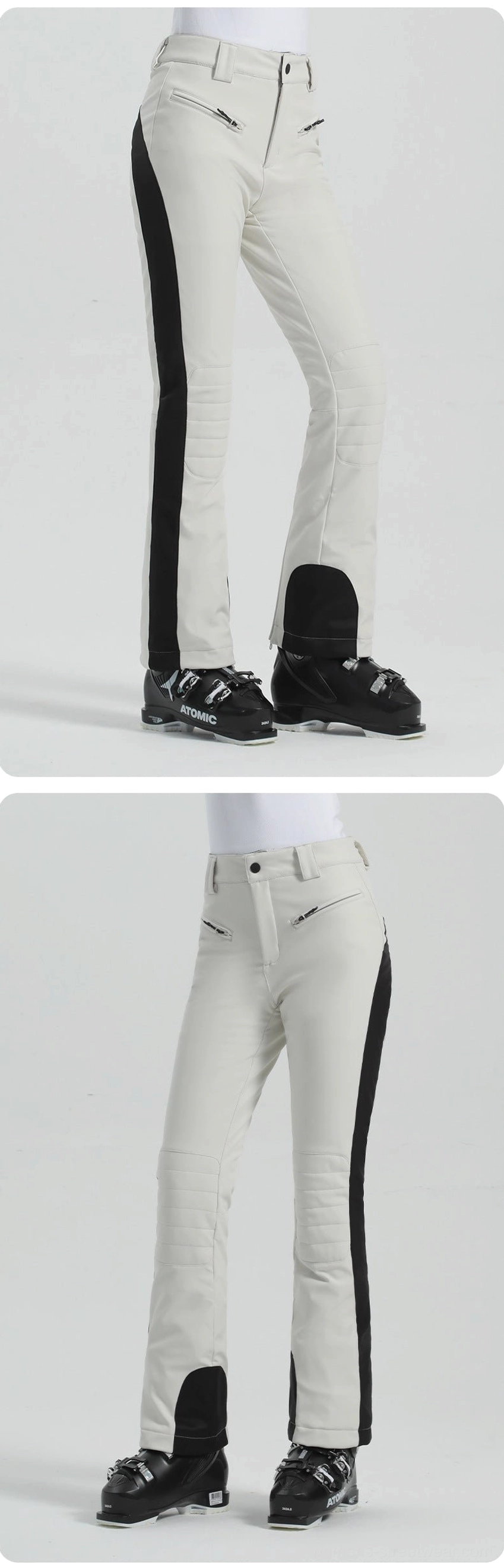 Off-white women's ski pants with black side stripe, black-trimmed flared cuffs, zip pockets, and rear side view