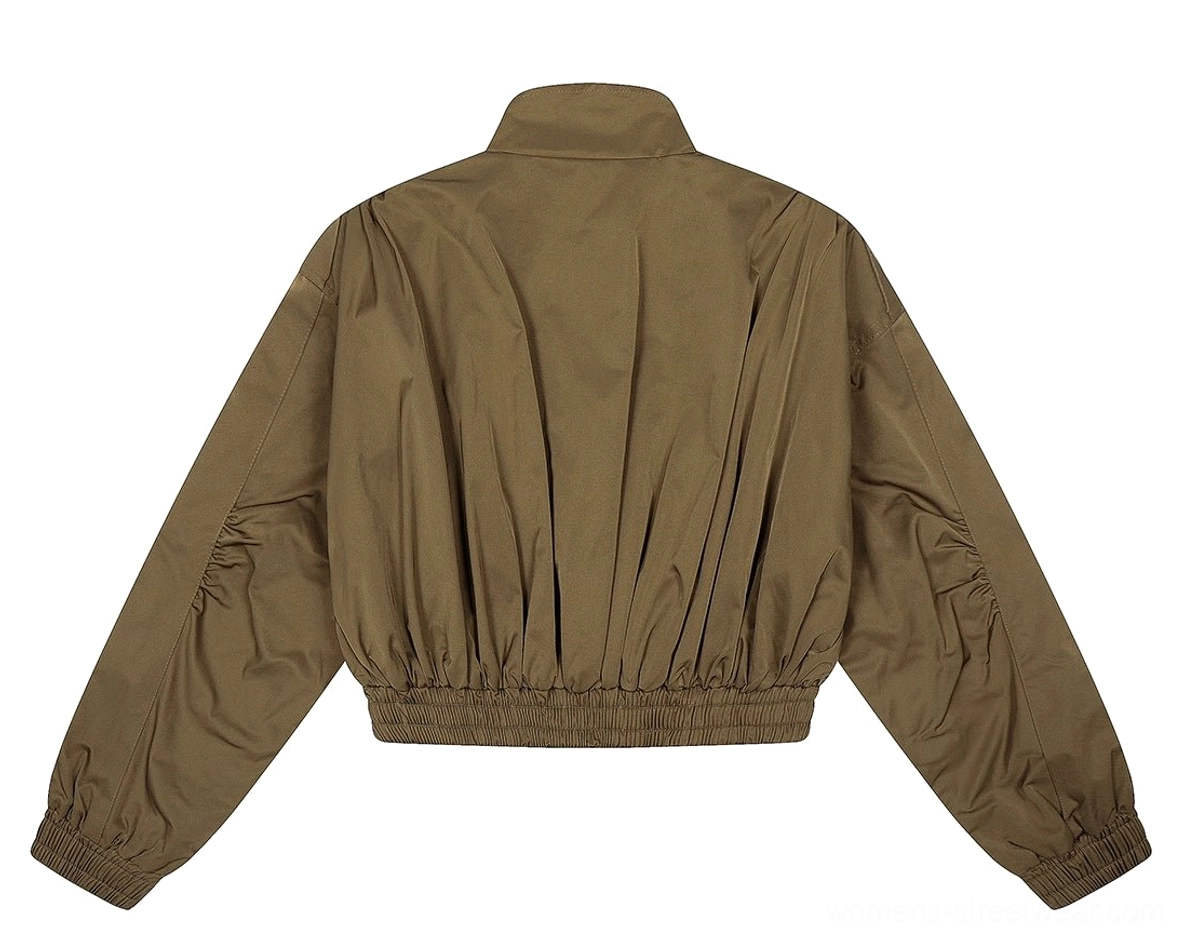 Contemporary women's olive cropped bomber jacket designed for Acubi, Y2K, and military-inspired urban outfits