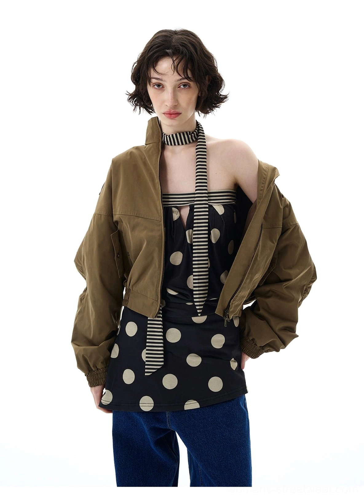 Women's cropped utility bomber jacket in olive green polyester with high stand collar and structured military-inspired details