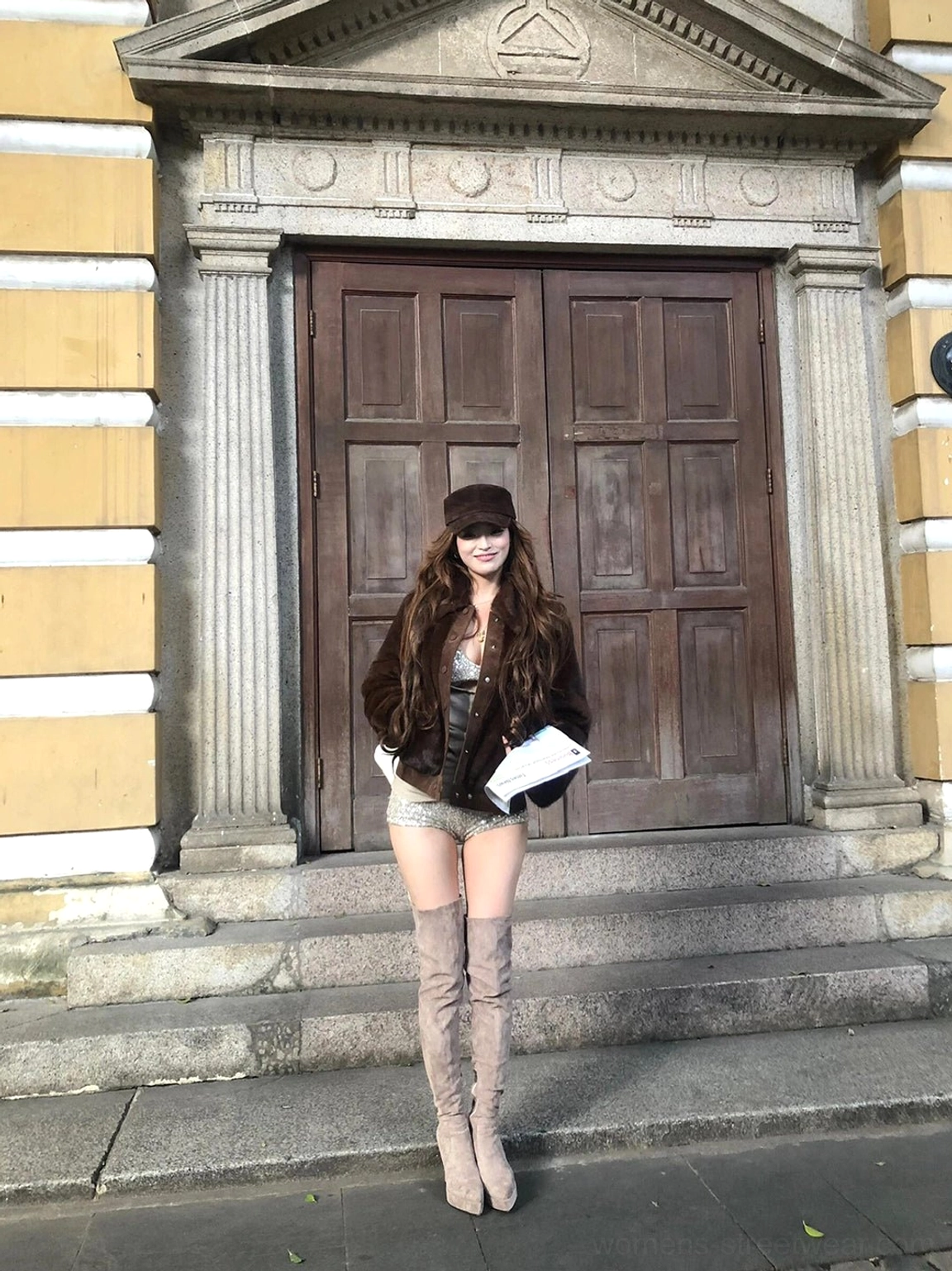 Women's over-the-knee platform stiletto boots in stretch suede-look material for modern streetwear styling