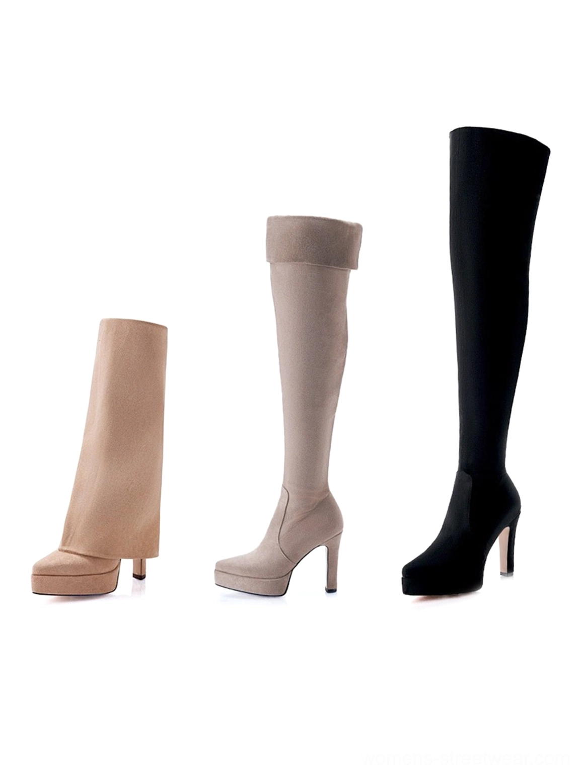 Three women's heeled boot styles including black and light khaki over-the-knee stretch suede platform boots
