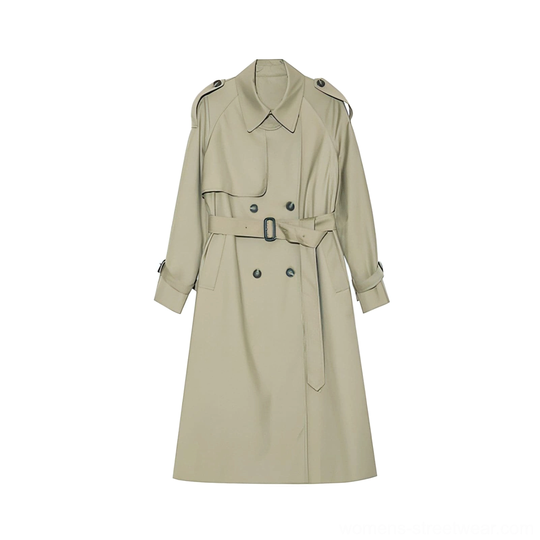 Light beige women's oversized double-breasted belted melton trench coat flat lay product view