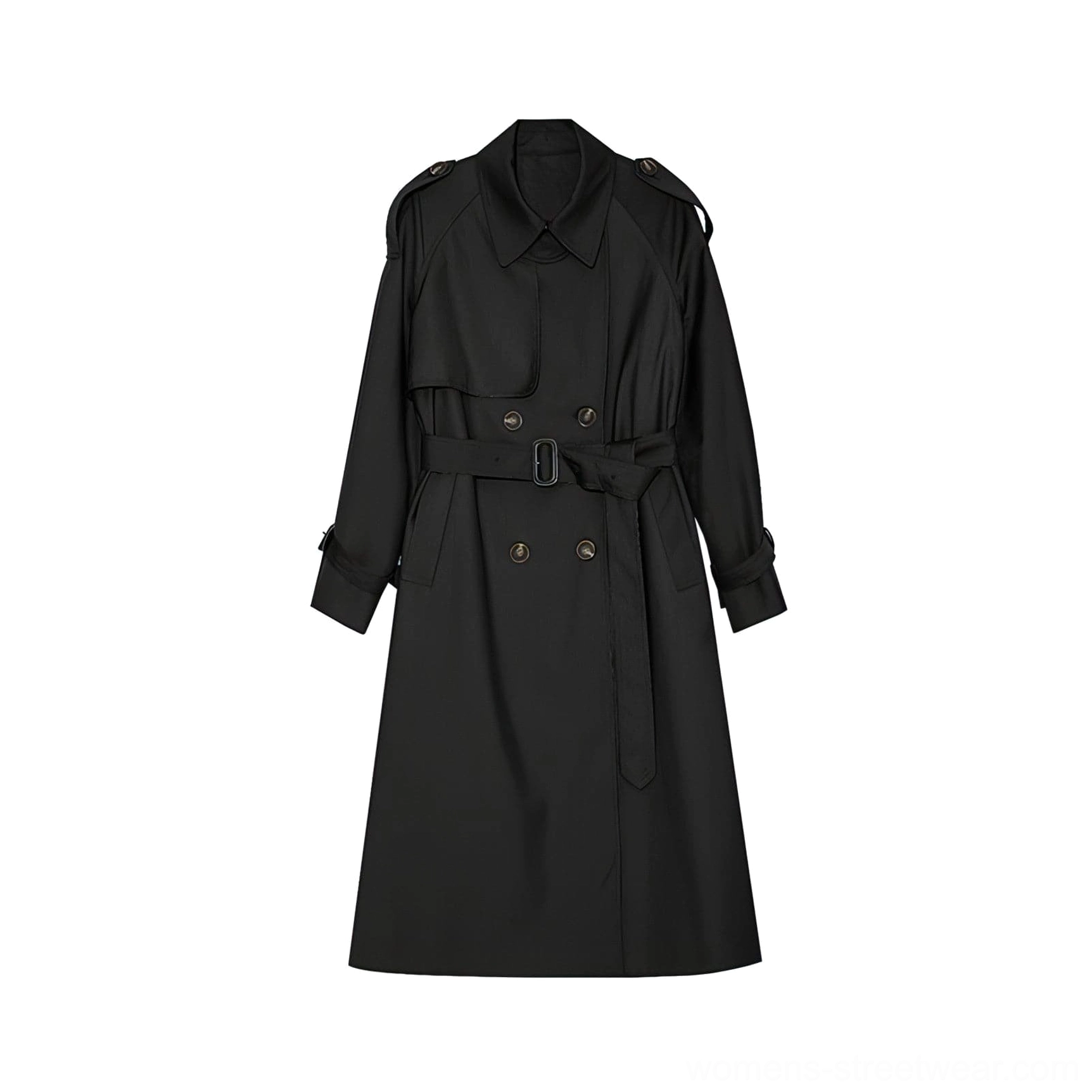 Black women's oversized double-breasted belted melton trench coat flat lay front view