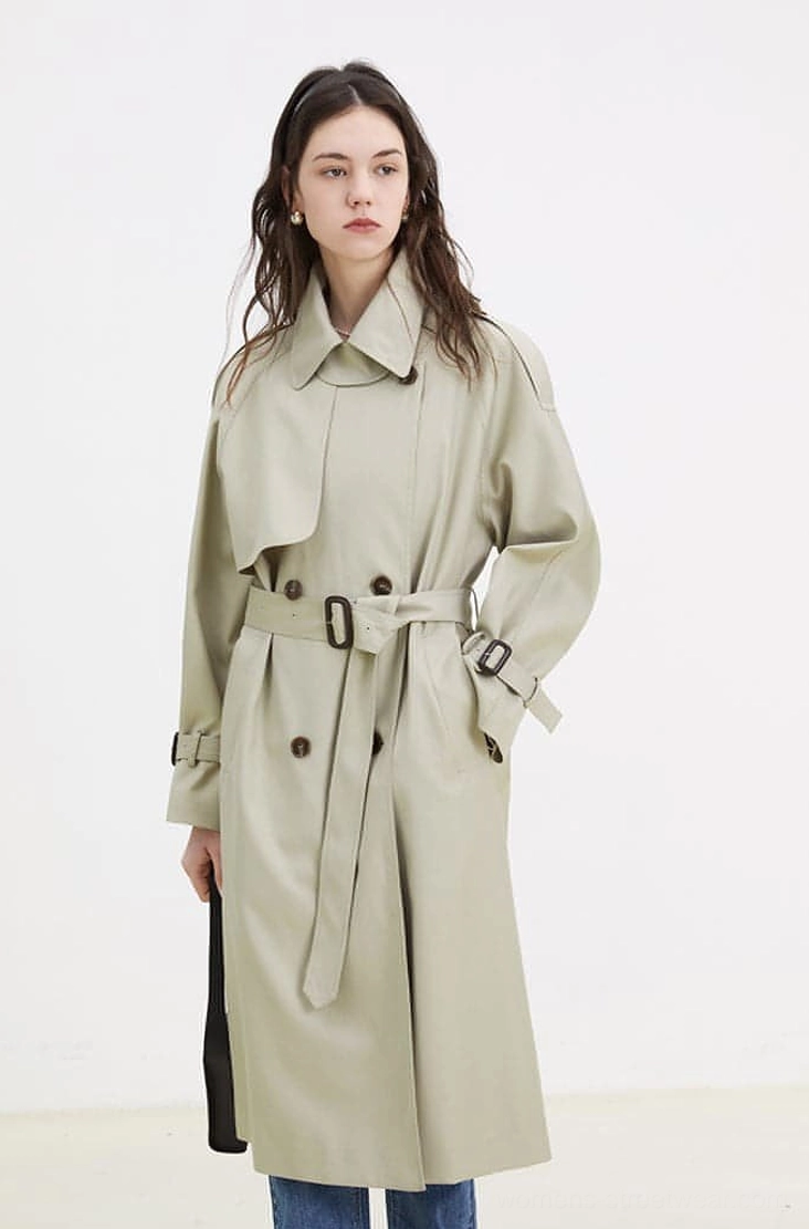 Women's oversized double-breasted melton trench coat adjustable cuff strap and button detail
